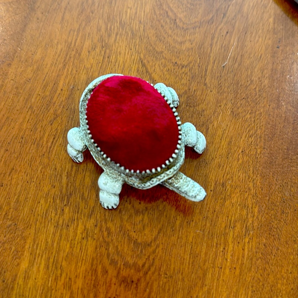 Vintage Florenza Turtle (missing head) Pincushion White with Red Velvet Cushion